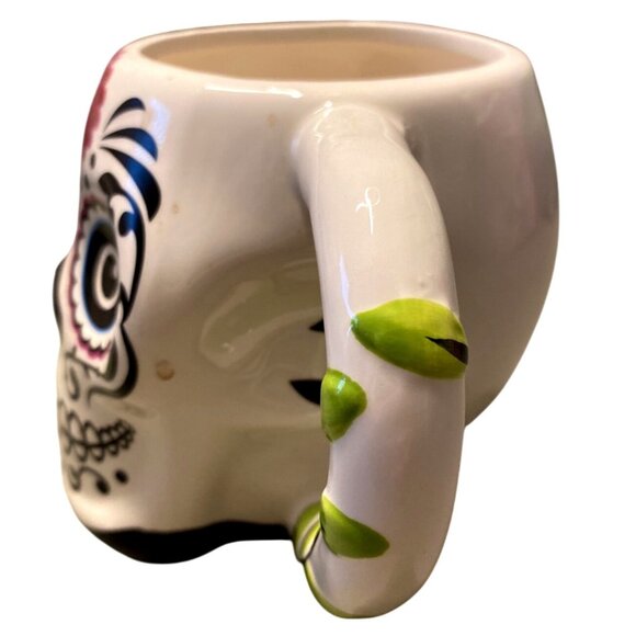 Sugar Skull Ceramic Mug With Floral & Vine Details - Picture 3 of 4